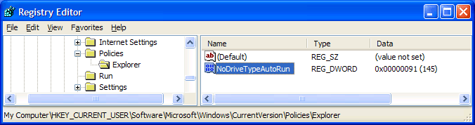 The NoDriveTypeAutoRun subkey value in Windows Registry