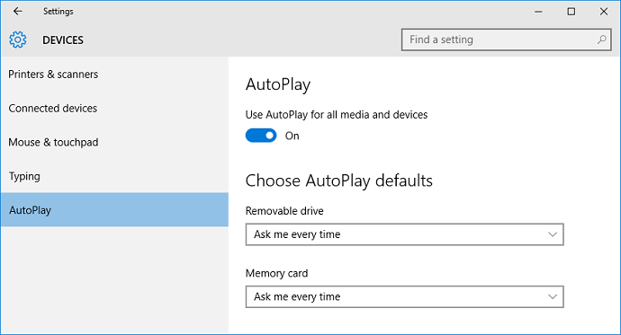 Settings - AutoPlay - Memory card