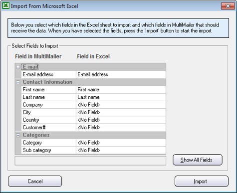 MultiMailer's import wizard for Excel files.