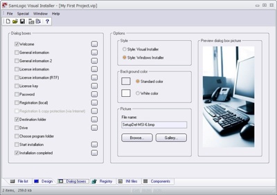 Visual Installer set up dialog box