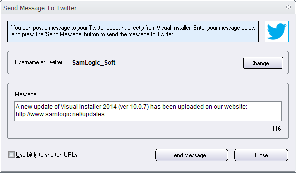 You can send messages from Visual Installer to Twitter