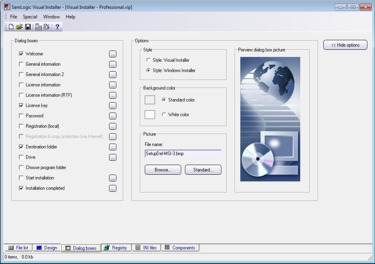 The Dialog boxes tab in Visual Installer