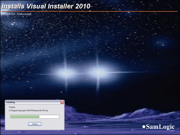 Installation with a graphical setup screen in the background and a progress bar (style 2)