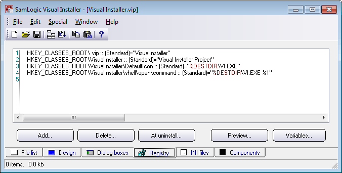 The 'Registry' tab in the Visual Installer
