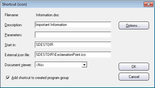 The 'Shortcut (icon)' dialog box - With data
