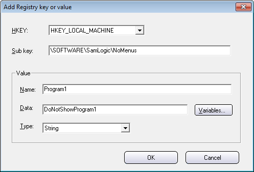 The 'Add Registry key or value' dialog box - With data