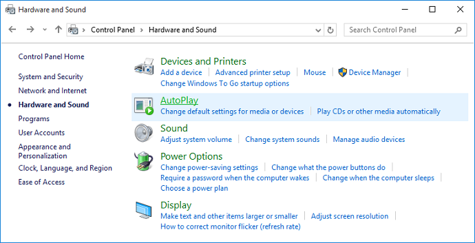 Control Panel - Hardware and Sound - AutoPlay selected