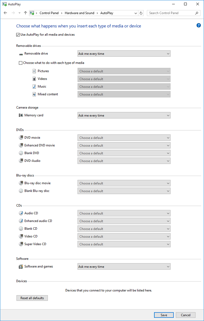 Control Panel - Hardware and Sound - AutoPlay