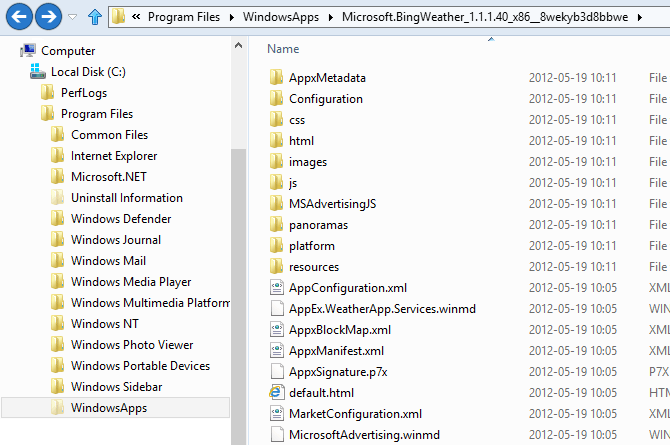 WindowsApps folder, and files