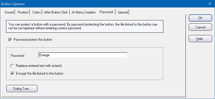 The 'Password' tab in the 'Button Options' dialog box