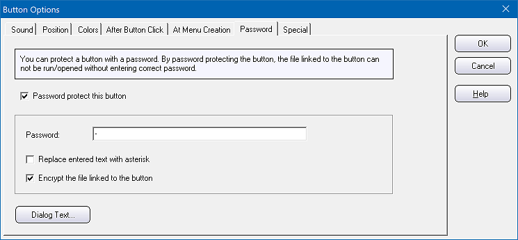 The 'Password' tab in the 'Button Options' dialog box