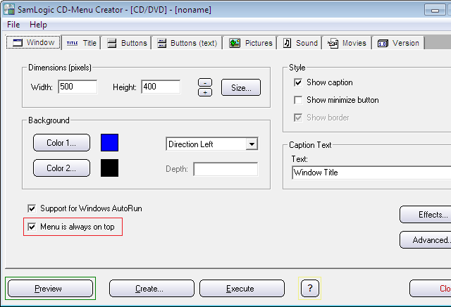 CD-Menu Creator editor - Window tab