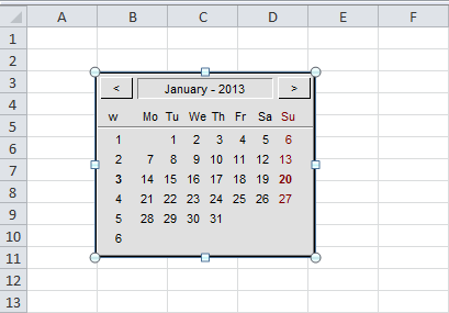 The calendar component in an Excel sheet