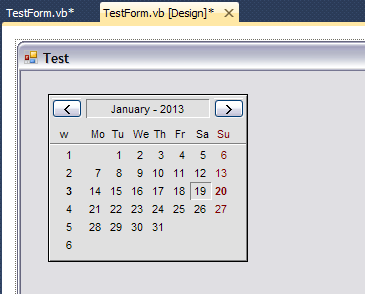 The one month calendar component placed on a Windows form