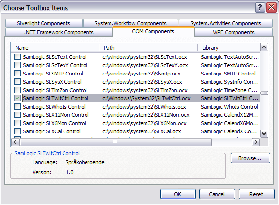 The 'Choose Toolbox Items' dialog box in Visual C++