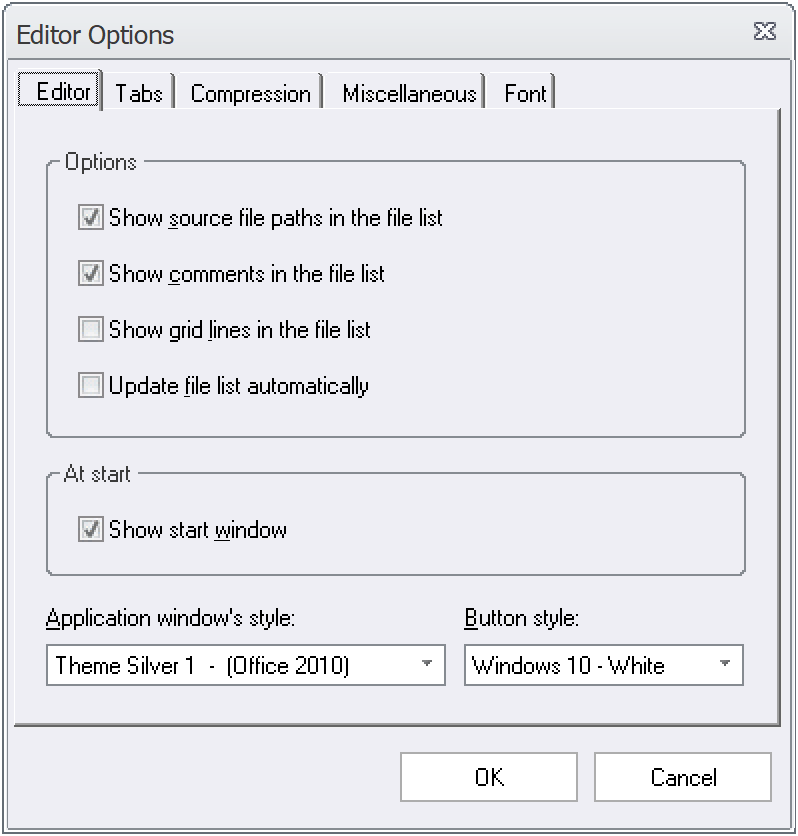 The Editor Options dialog box