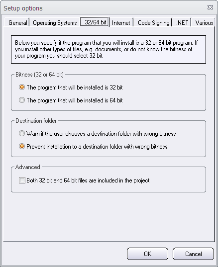 The Setup options dialog box