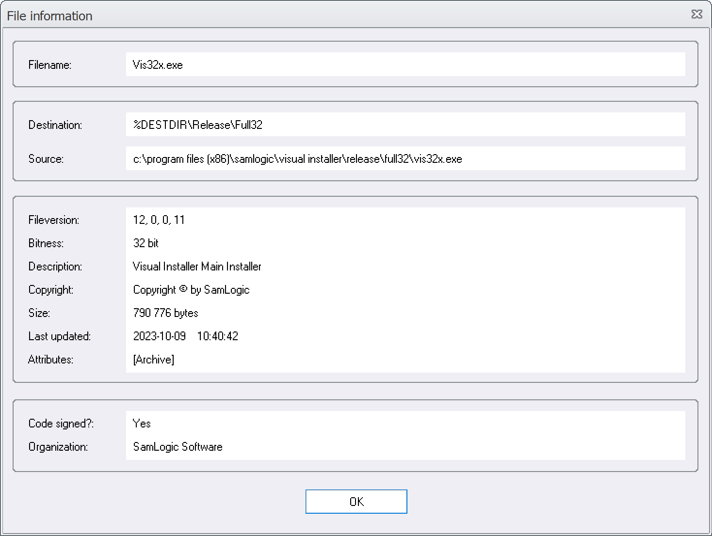 The 'File information' window in Visual Installer