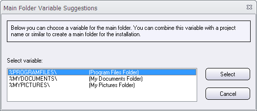 The Main Folder Variable Suggestions dialog box