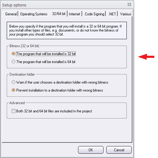 The Setup options dialog box