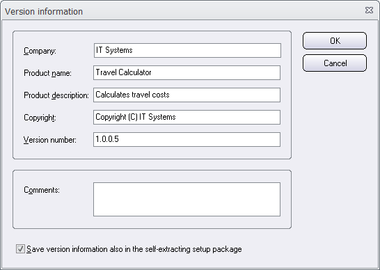 The 'Version information' dialog box in Visual Installer