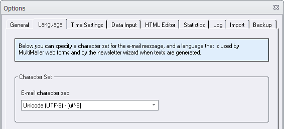 Options - Language - Unicode (UTF-8)