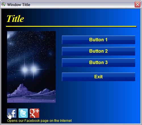 A menu interface with clickable social media logotypes (Facebook, Twitter and Google+)