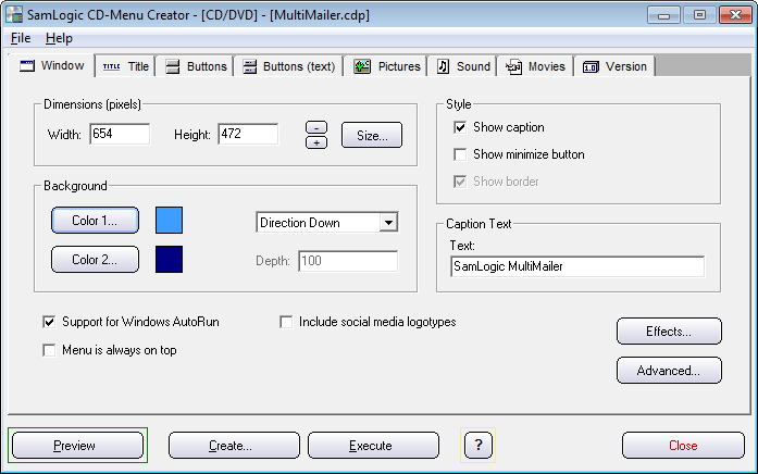 CD-Menu Creator editor - Window tab