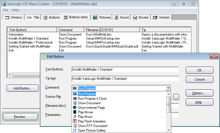 CD-Menu Creator editor - Edit Button dialog box