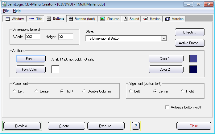 CD-Menu Creator editor - Buttons tab
