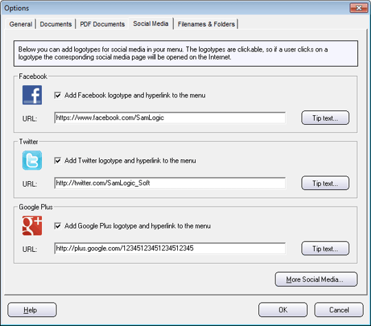 The 'Social Media' tab in the 'Options' dialog box