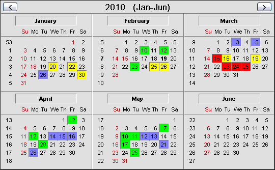 6-months calendar with an American country file loaded