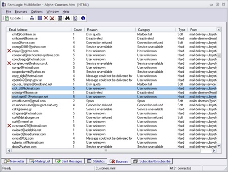 Bounces tab in MultiMailer - Here you can handle e-mail bounces