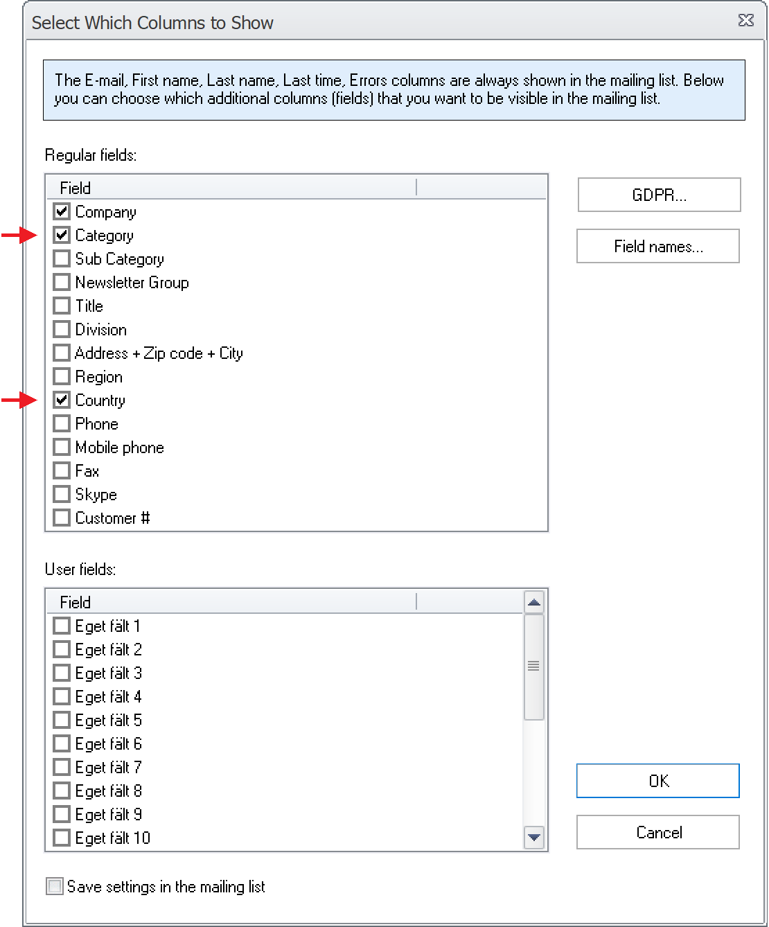 Selects Columns dialogbox