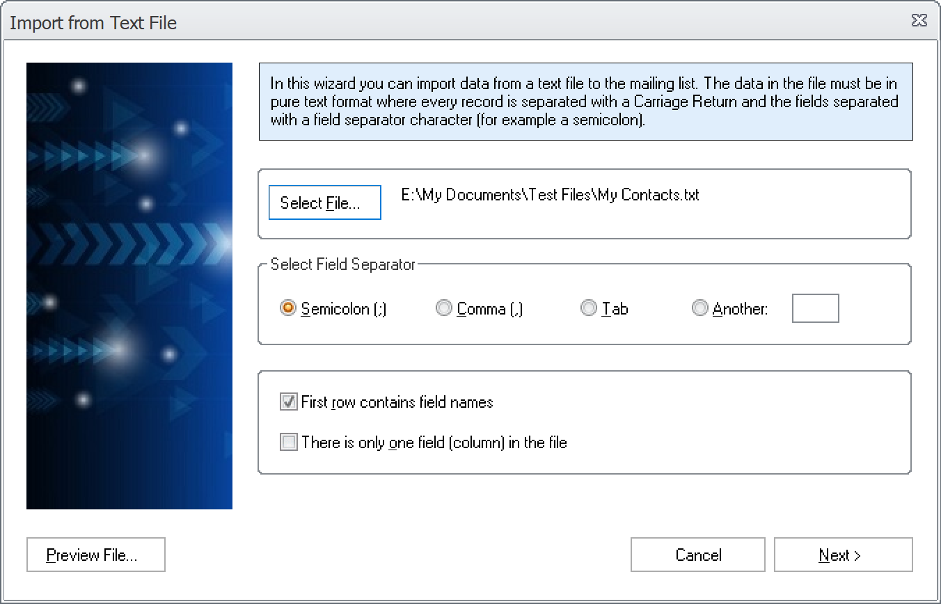 Import Wizard - Text file - Step 1