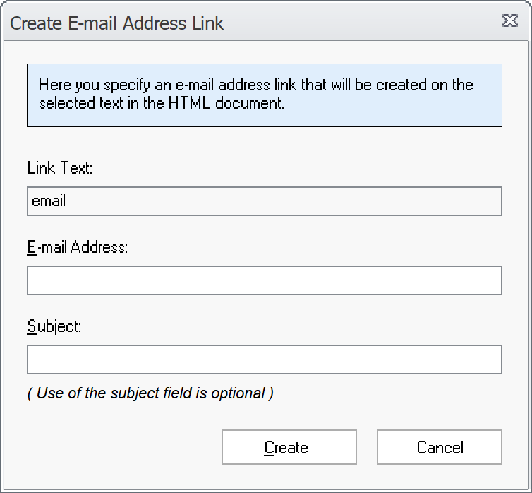 Create E-mail Address Link dialog box
