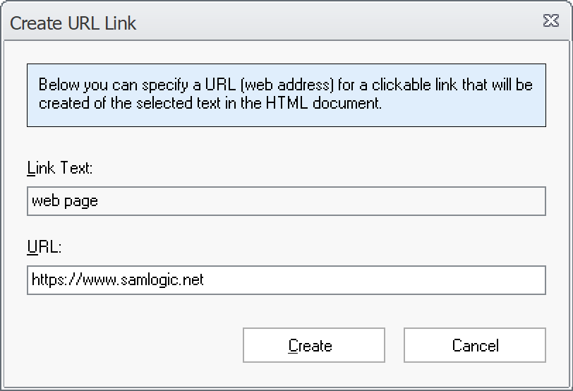 Create URL Link dialogbox (2)