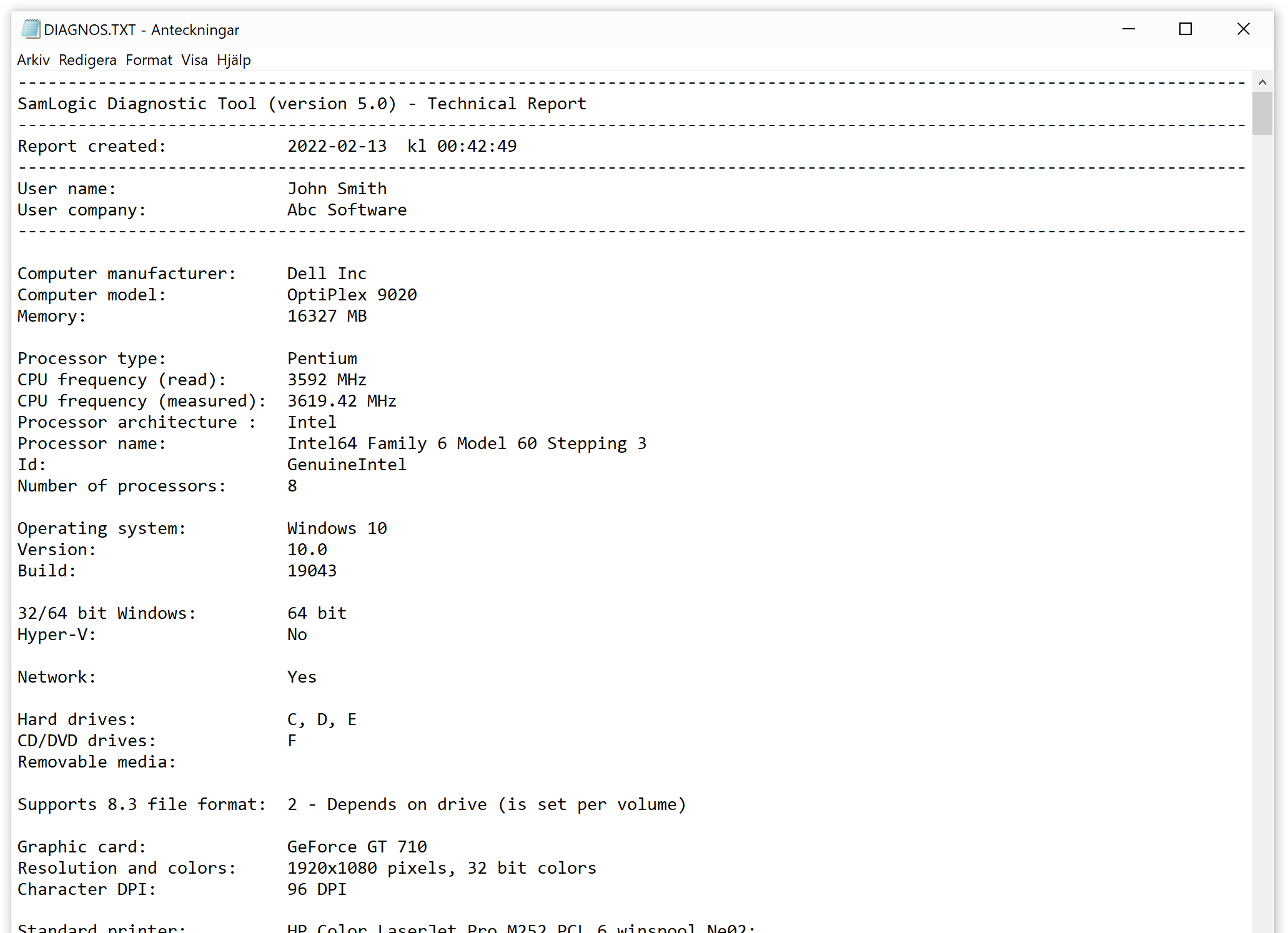 SamLogic Diagnostic Tool - Report file