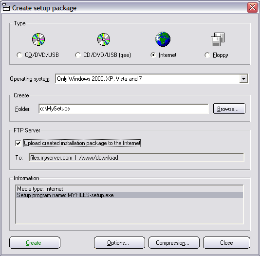 The Create setup package dialog box