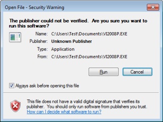 Dialog box that is shown if the installation is not code signed (Windows 7 and Windows Vista)