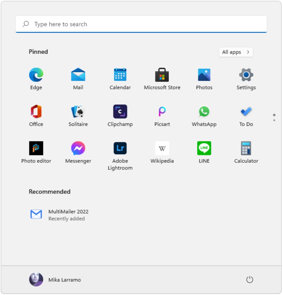 Windows 11 Start menu - With MultiMailer