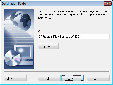 The 'Destination folder' setup dialog box