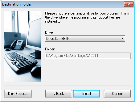 The 'Destination drive' setup dialog box