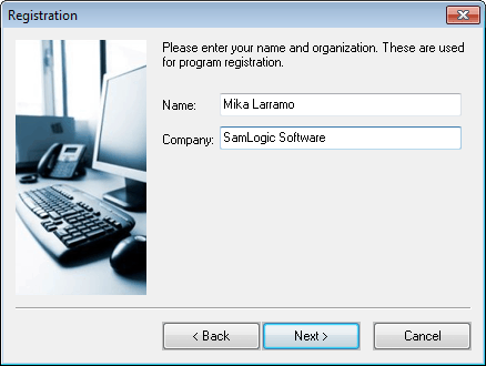 The 'Registration' setup dialog box