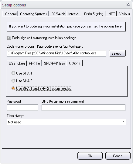 Setup options - Code Signing - SHA1 / SHA2