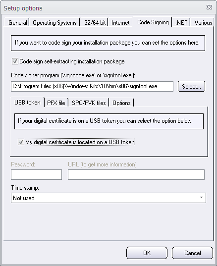 Setup options - Code Signing - USB token