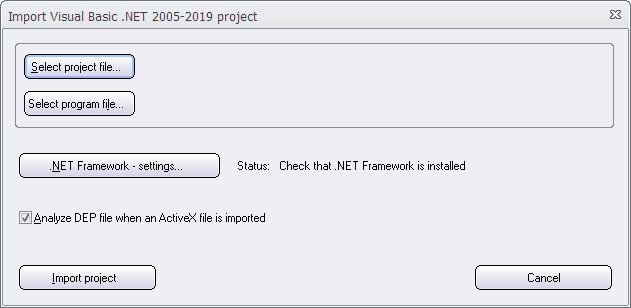 The 'Import Visual Basic .NET 2005-2019 project' dialog box
