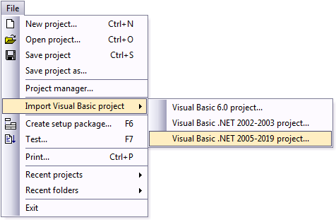 File - Import Visual Basic project - Visual Basic .NET 2005-2019 project