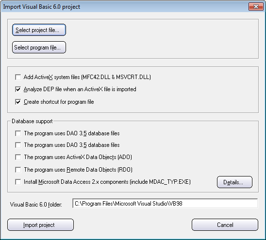 The 'Import Visual Basic 6.0 project' dialog box