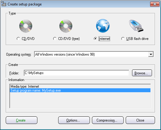 The 'Create setup package' dialog box, with the Internet option selected